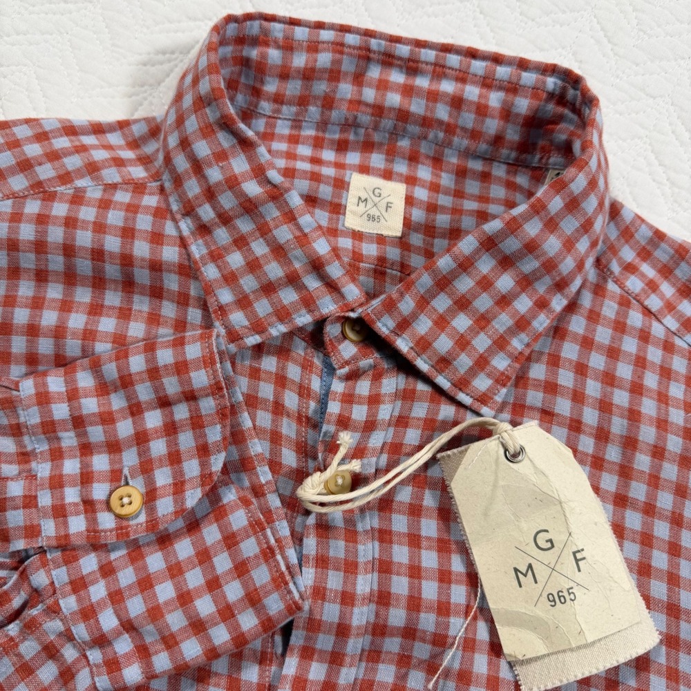 NWT GMF 965 Mens Red‎ Blue Gingham Linen Button Down L/S Shirt Size L 42 16 12